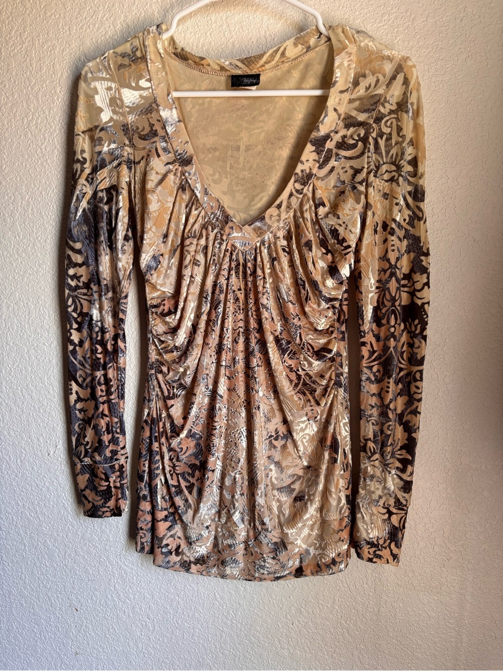 Daytrip Beige Multi Velvet Ruched V-Neck Long Sleeve Top Y2K fairycore Ethereal